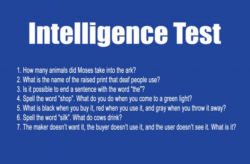 Intelligence test gospel tracts. They have a blue background and white text with various trivia questions.